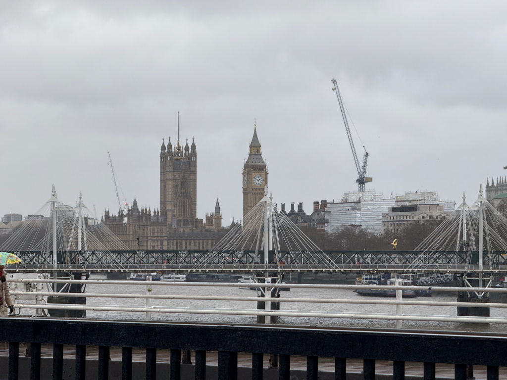 Photo from a bridge with Big Ben and the River Thames in the background