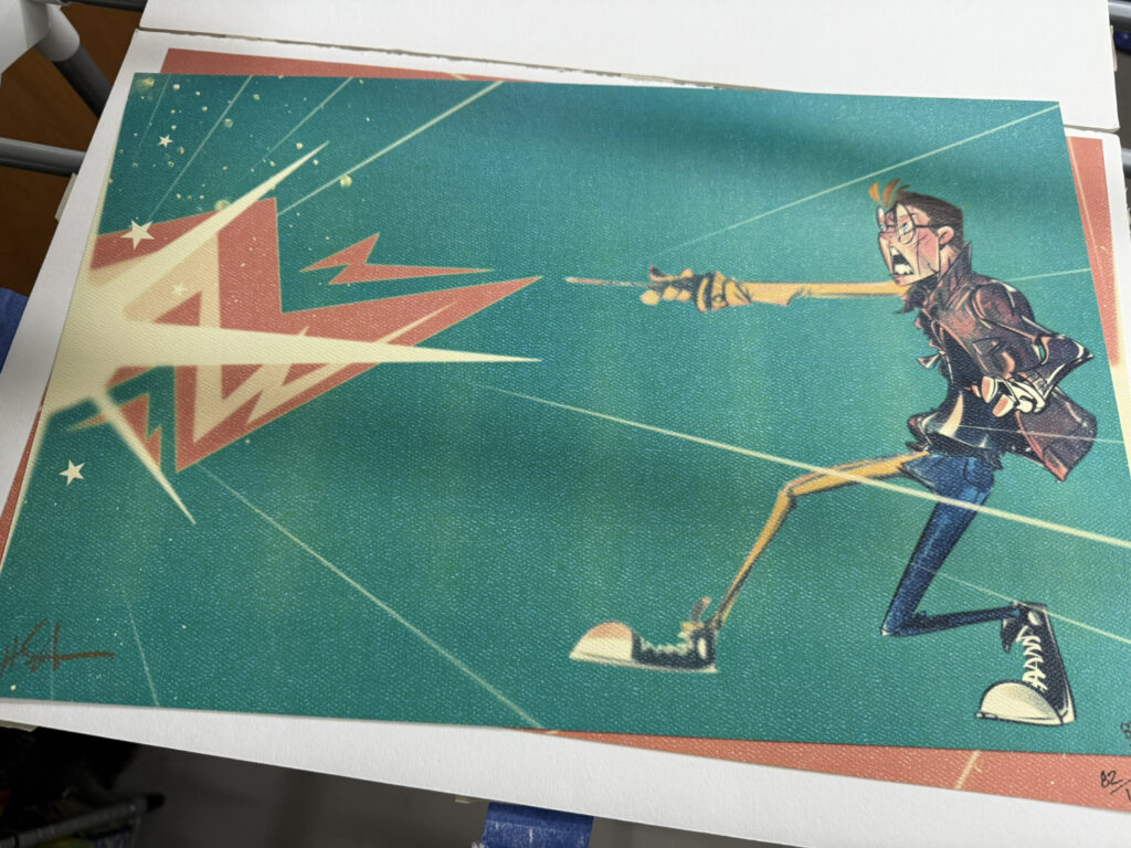 Right half of a pair of art prints. This is of Harry Potter, also heavily stylized and facing left. The background is electric green, matching the bolt color from the Voldemort half of the piece. Harry is wering blue jeans, canvas Converse-style shoes in blue with white soles and toes, and a brown jacket. His wand is out and casting a spell with his hand palm down. A white streak with orange highlights is cast to the left of the page
