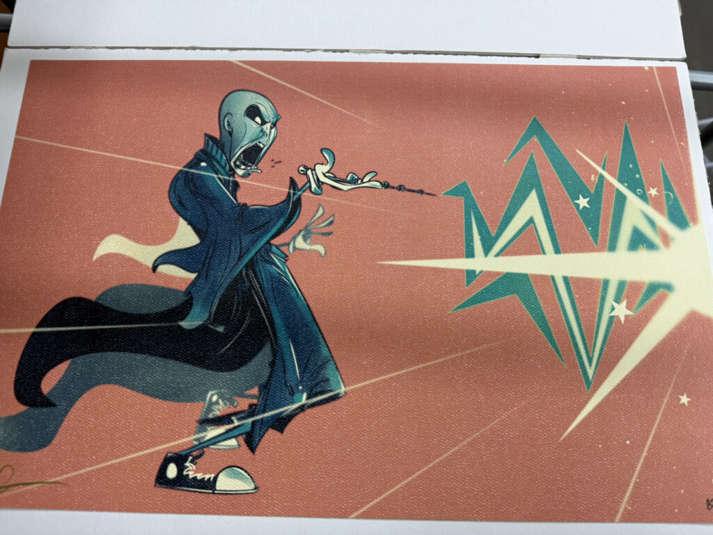 Left half of a two part art print. A heavily stylized color drawing of Voldemort from Harry Potter facing to the right. The background is orange He has black pants and and black overcoat, with black canvas Converse-styled shoes with white toes. Voldemort has his wand out, casting a spell with his palm facing upwards. The bolt from his wand is white and electric green against the background, going off the page to the right.